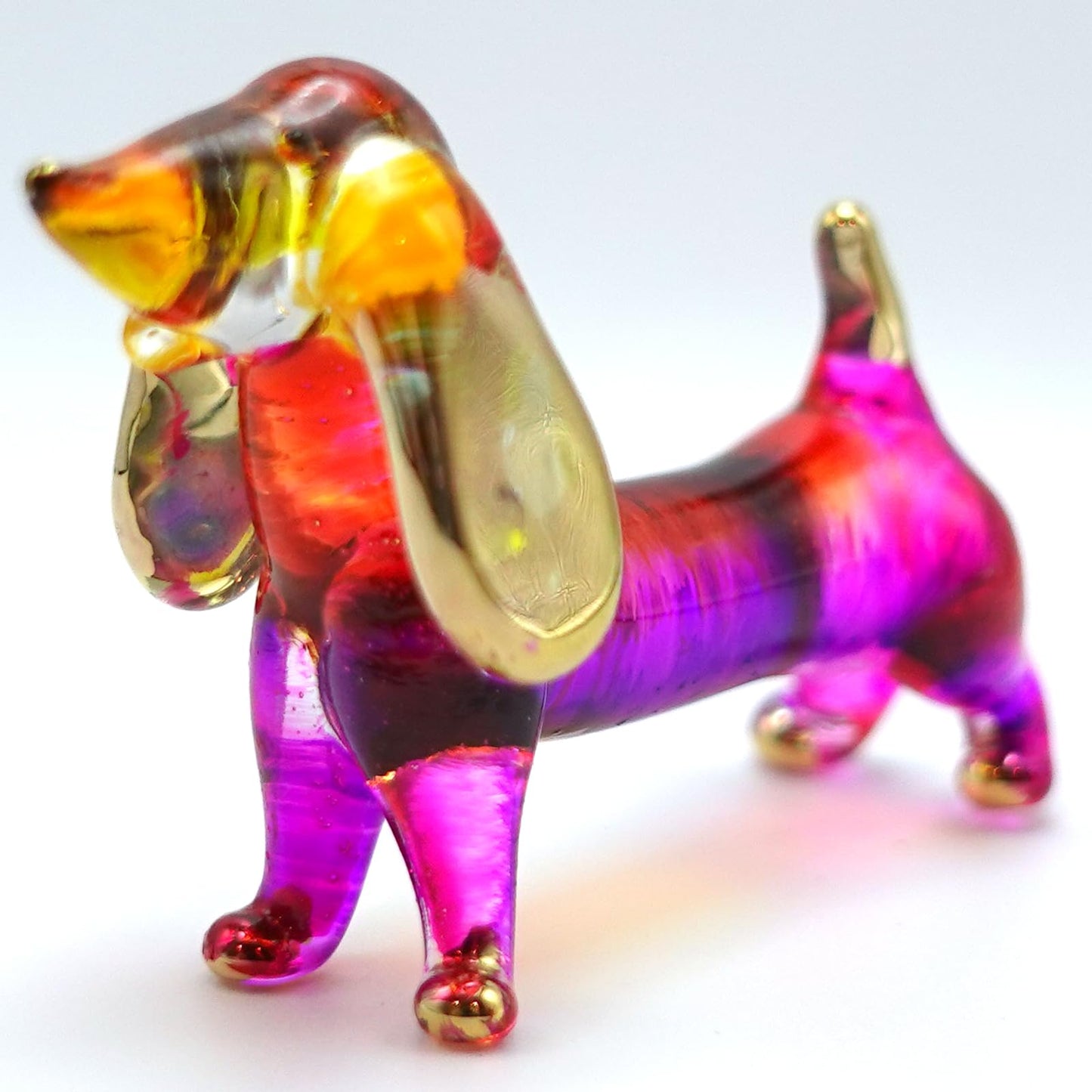 Sansukjai Dachshund Miniature Figurines Dog Animals Hand Blown Glass Art Gold Trim Collectible Gift Decorate (Pink Yellow)