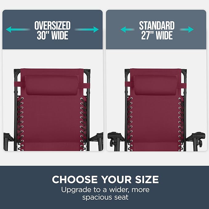 Best Choice Products 30” Wide Folding Zero Gravity Outdoor Recliner Patio Lounge Chair w/Adjustable Canopy Shade, Headrest, Side Accessory Tray - Burgundy