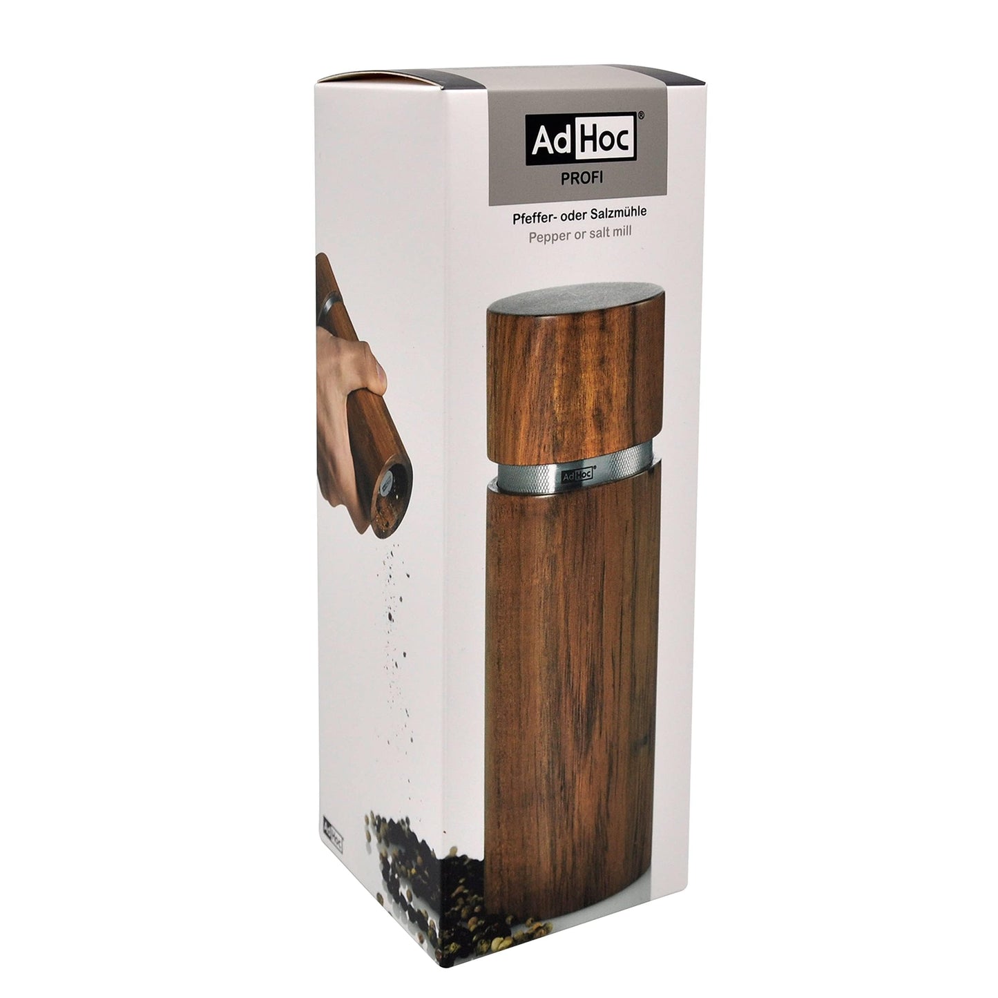 AdHoc Profi Pepper or Salt Mill - Seasoning Mill with Ceramic Grinding Mechanism - Salt & Pepper Grinder with Adjustable Settings - Stainless Steel & Wood