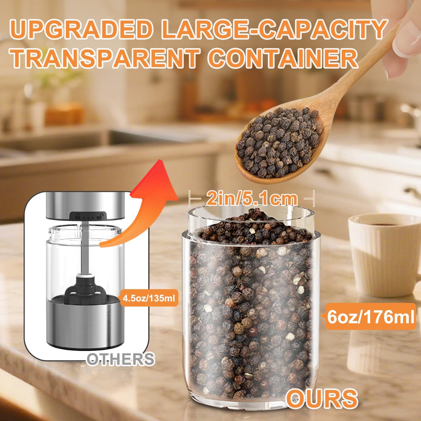 Gravity Electric Salt and Pepper Grinder Set Rechargeable, External Adjustable Coarseness, Automatic Salt and Pepper Shakers Mill with LED Light, 6oz/176ml Large Capacity, House Warming Gifts (1 Pack)