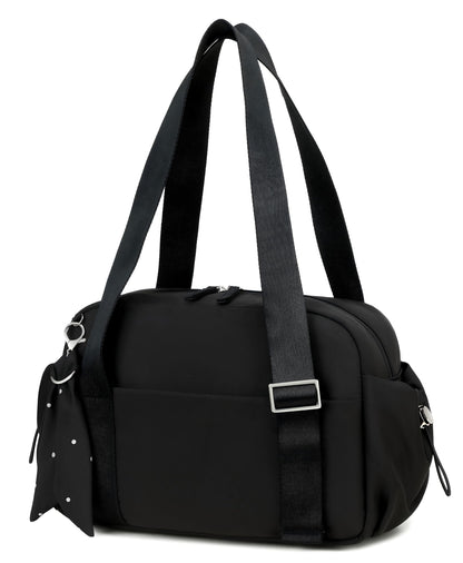 LOIDOU Small Gym Bag for Women, Mini Sports Duffel Bag with Wet Compartment, Pink Bow Pattern, Cute Workout Yoga Dance Tote (Black)