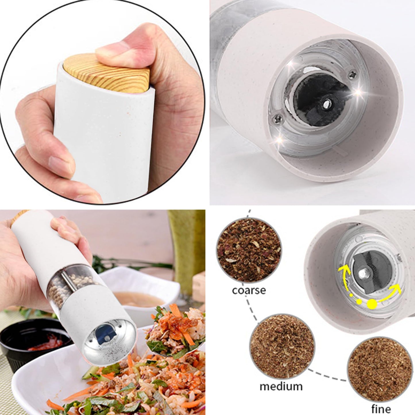 MEHIDFY Electric Salt and Pepper Grinder Set, 2 Pack Salt and Pepper Grinder Battery Operated, One-Handed Automatic Salt and Pepper Mill Grinder with LED Light, Adjustable Coarseness (White)
