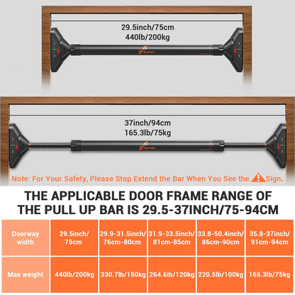 Sportneer Pull Up Bar Doorway Chin Up Bar No Screws Door Frame Chin Up Push Up Sit Up Bar Adjustable 75-94cm (29.5''-37'') Up to 200kg Capacity Workout Bar