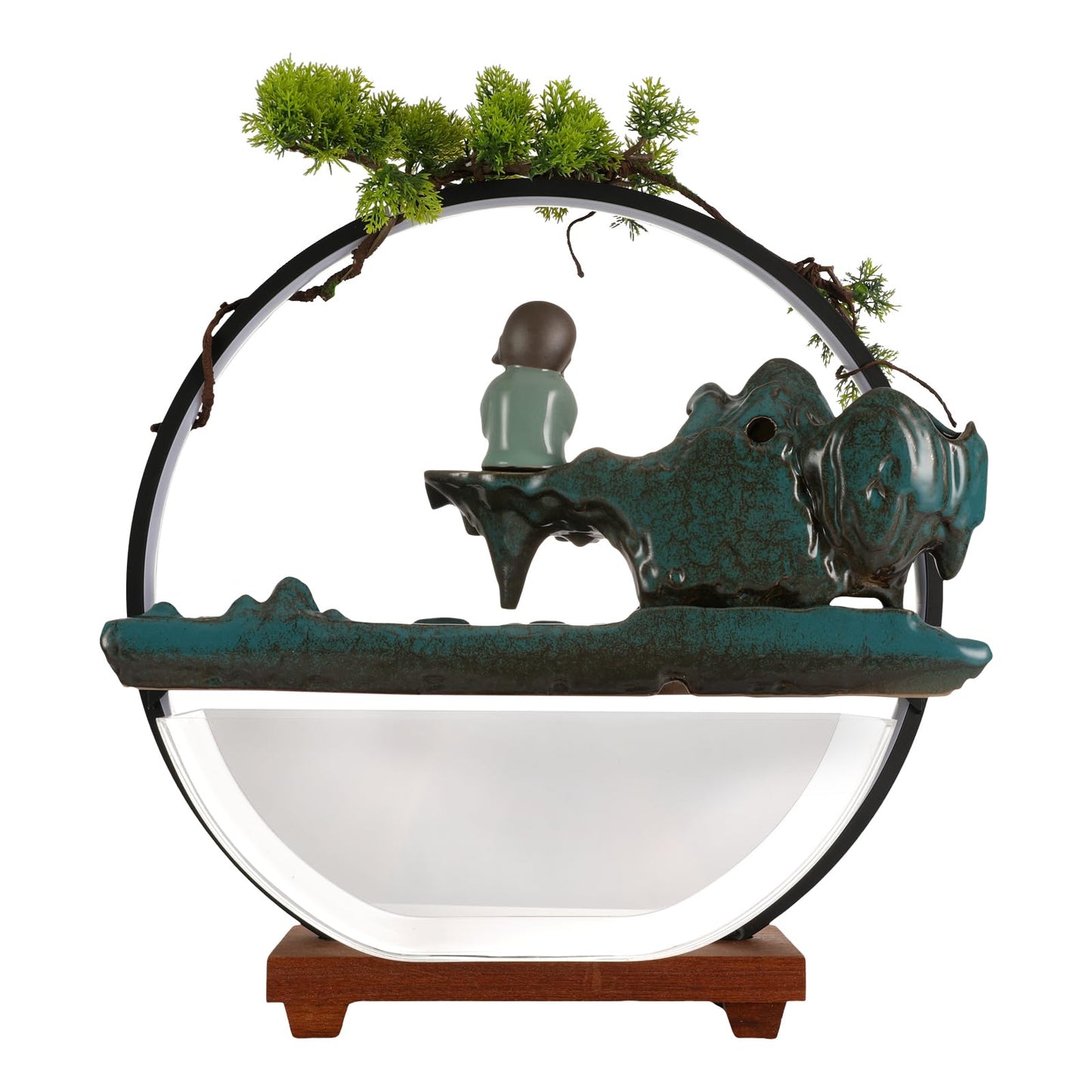 Unnsiapit Tabletop Water Fountains, H16.5in Indoor Waterfall Clear Fish Tank with LED Light & Mist, Backflow Incense Holder Feng Shui Decor for Meditation Entrance, Fish Tank Size L17.3*W5.3in