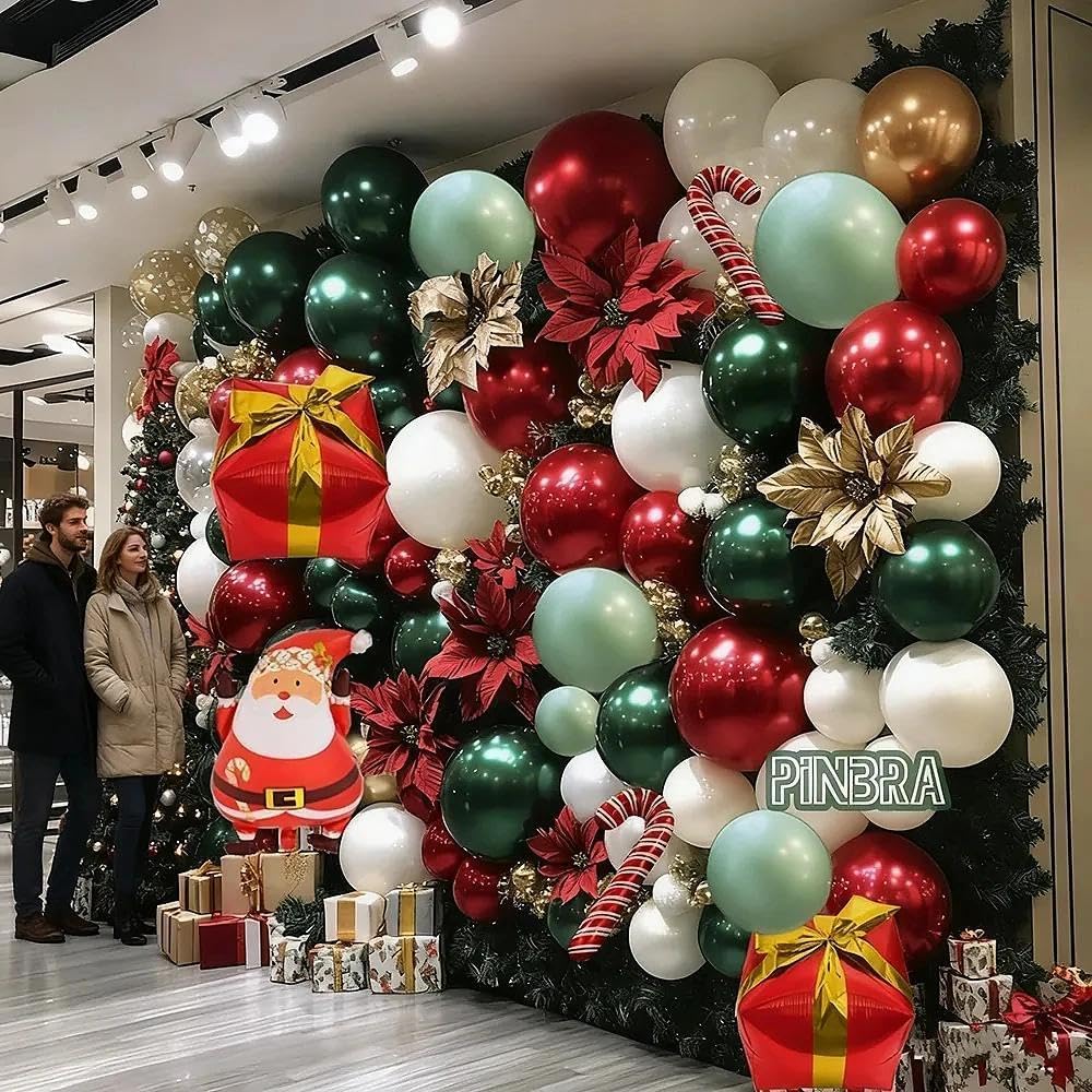 Christmas Balloon Arch Kit, Double Stuffed Dark Green Red Pearl White Gold Balloons Emerald Green Burgundy Balloon Garland for Christmas New Year Xmas Birthday Wedding Festival Party Decorations