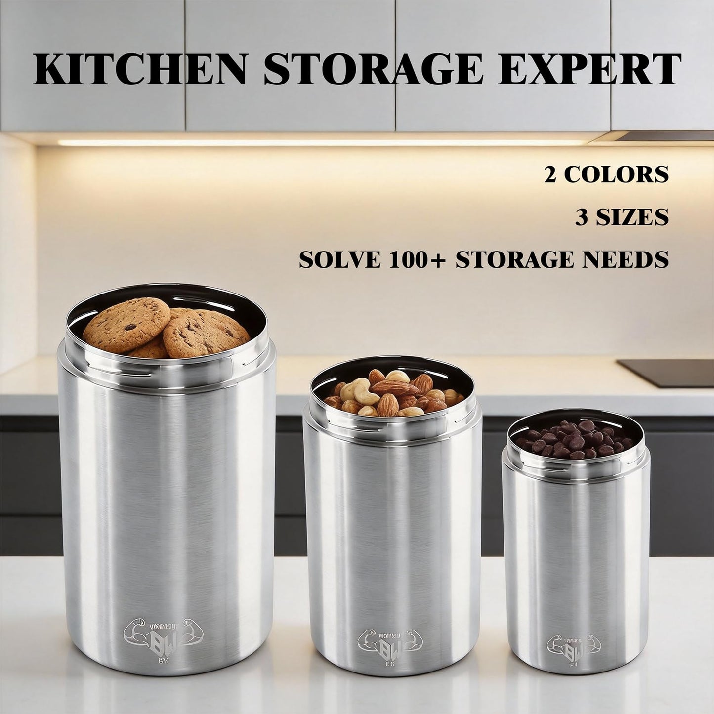 WORKOUT BW BYLWORKOUT 3-Piece Stainless Steel Food Canisters Set (27/47/84oz) | Airtight Metal Kitchen Storage Containers with Screw Lids | Stackable Jars for Coffee, Flour, Sugar & Protein Powder