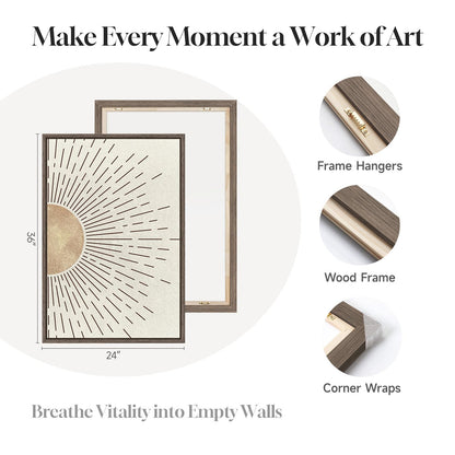 Framed Large Boho Neutral Abstract Wall Art for Living Room, Black Beige Sun and Moon Paintings Prints for Hallway Office, Set of 3 Piece Modern Minimalist Canvas Artwork Pictures 24x36 Inch