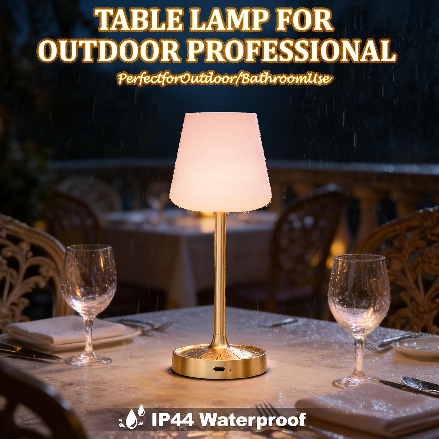 BOMFLORE Small Shower Lamp Waterproof: Table Lamp with 4000mAH Battery - Rechargeable 3 Dimmable Cordless LED Lamp for Desk Bedroom Living Room Bathroom - Gold Touch Light for Parents Kids