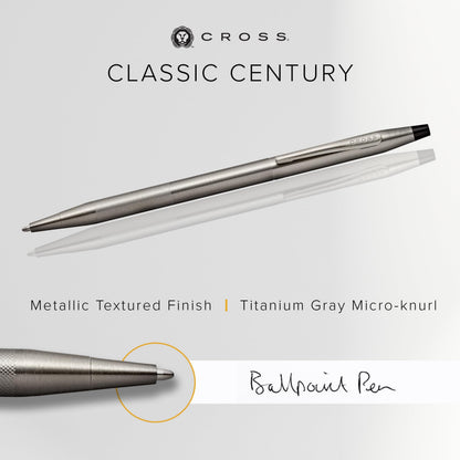 Cross Classic Century Refillable Ballpoint Pen Presented in a Luxury Gift Box - Medium Point, Black Ink, Titanium Gray Micro-knurl