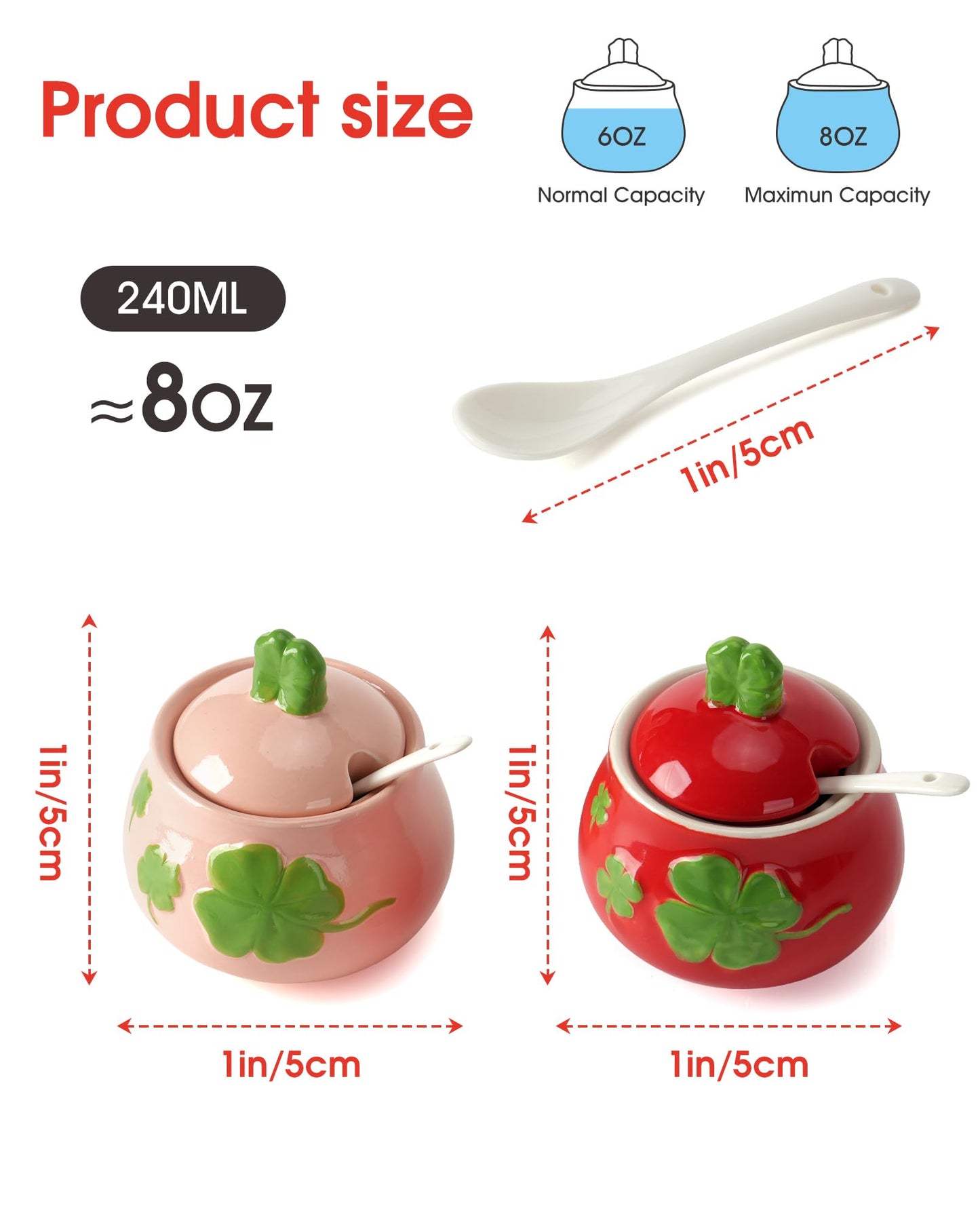 bwszrosa Ceramic Sugar Bowl Set of 2, Four-Leaf Clover Print Sugar and Salt Container with Lid and Spoon, Pink Red Decorative Spice Jar for Kitchen/Tea Time, Dishwasher Safe