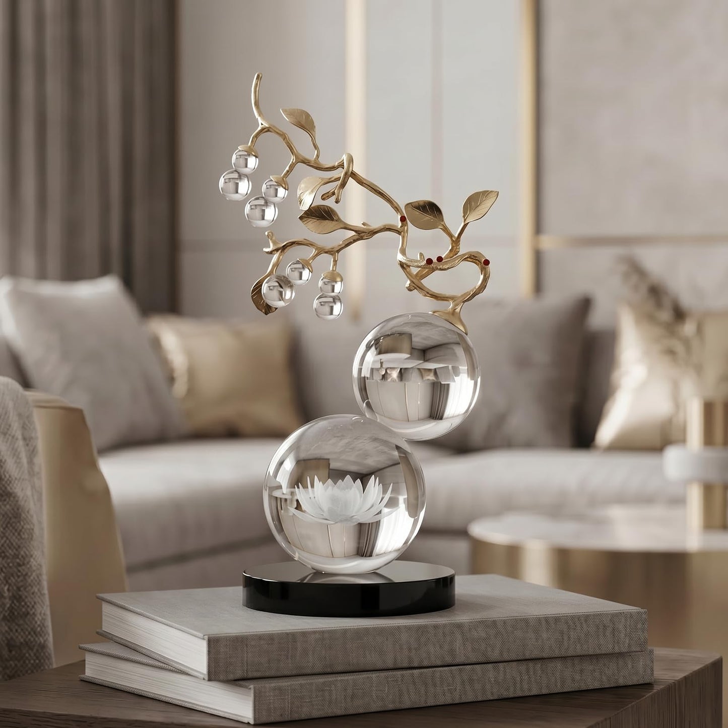 Mataura Large Glass Sculpture Decor, Nature Inspired Decorative Statue with Gold Metal Branch - Minimalist Tabletop Sculpture Home Decor for Desk Living Room Shelf Office - Unique Housewarming Gift