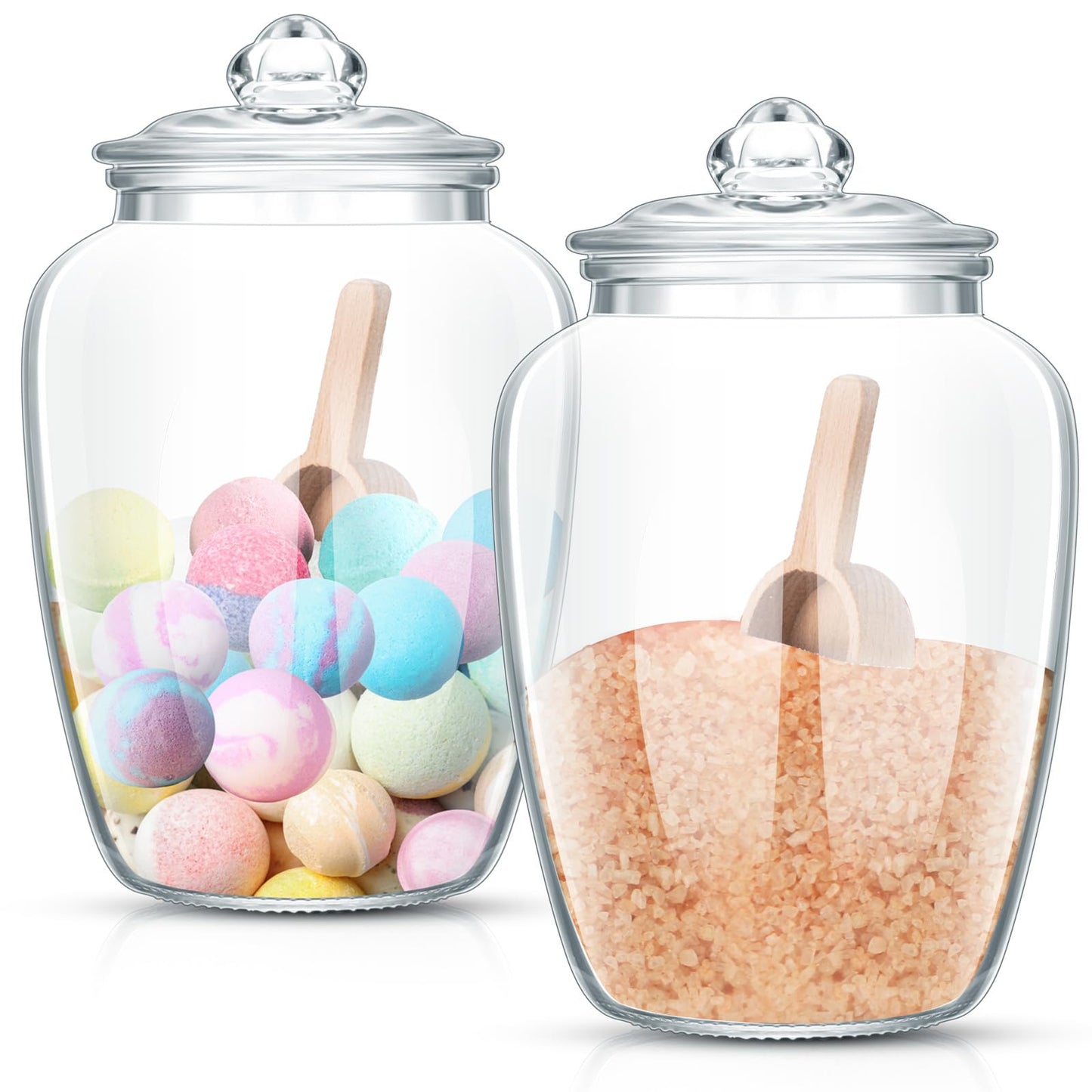 SiliFine 2 Set 74 oz Bath Salt Containers with Airtight Lids and Wooden Scoops, Large Glass Epsom Salt Jars Bathroom Organizers and Storage for Laundry Soap, Flour, Sugar, Tea(Clear)