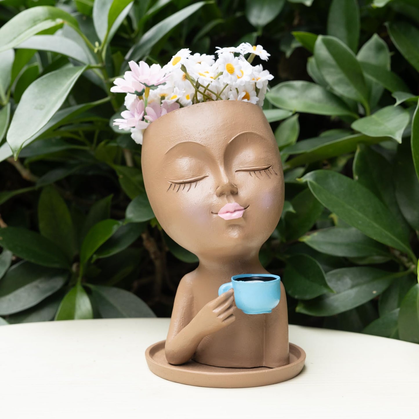 LaulaEnderay Lady Face Planters Flower Pot for Indoor Outdoor Plants, Funny Resin Succulent Planter with Drainage Hole, Cute Head Plant Pots for Home Decor Brown