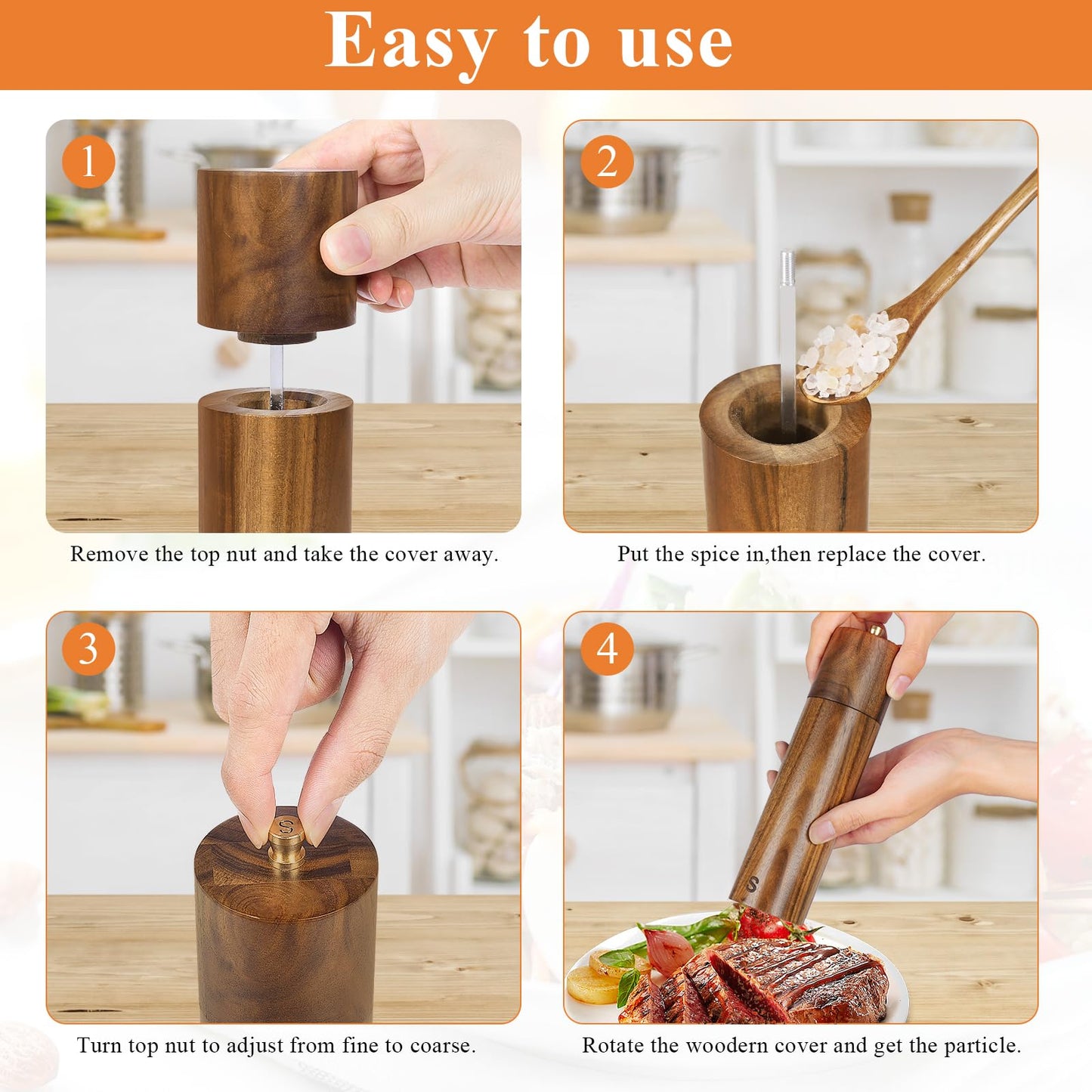 Yvake Wooden Salt and Pepper Grinder Set,8 Inch Manual Salt and Pepper Mill, Adjustable Coarseness and Refillable,Acacia Wood Pepper Grinder for your kitchen[Set of 2]