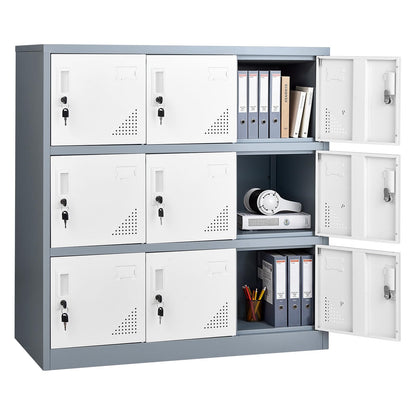 VEVOR 9 Doors Metal Locker for Employees, Steel Locking Storage Cabinet with Card Slot and Ventilation, 2 Keys for Each Door, Employee Lockers for Office, School, Gym, Home, Easy Assembly, Gray