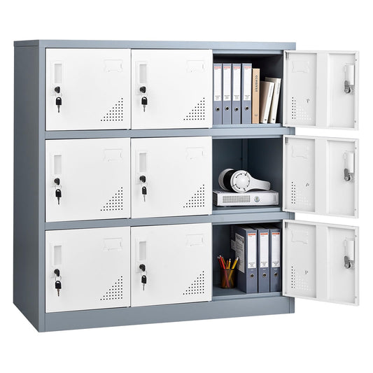 VEVOR 9 Doors Metal Locker for Employees, Steel Locking Storage Cabinet with Card Slot and Ventilation, 2 Keys for Each Door, Employee Lockers for Office, School, Gym, Home, Easy Assembly, Gray