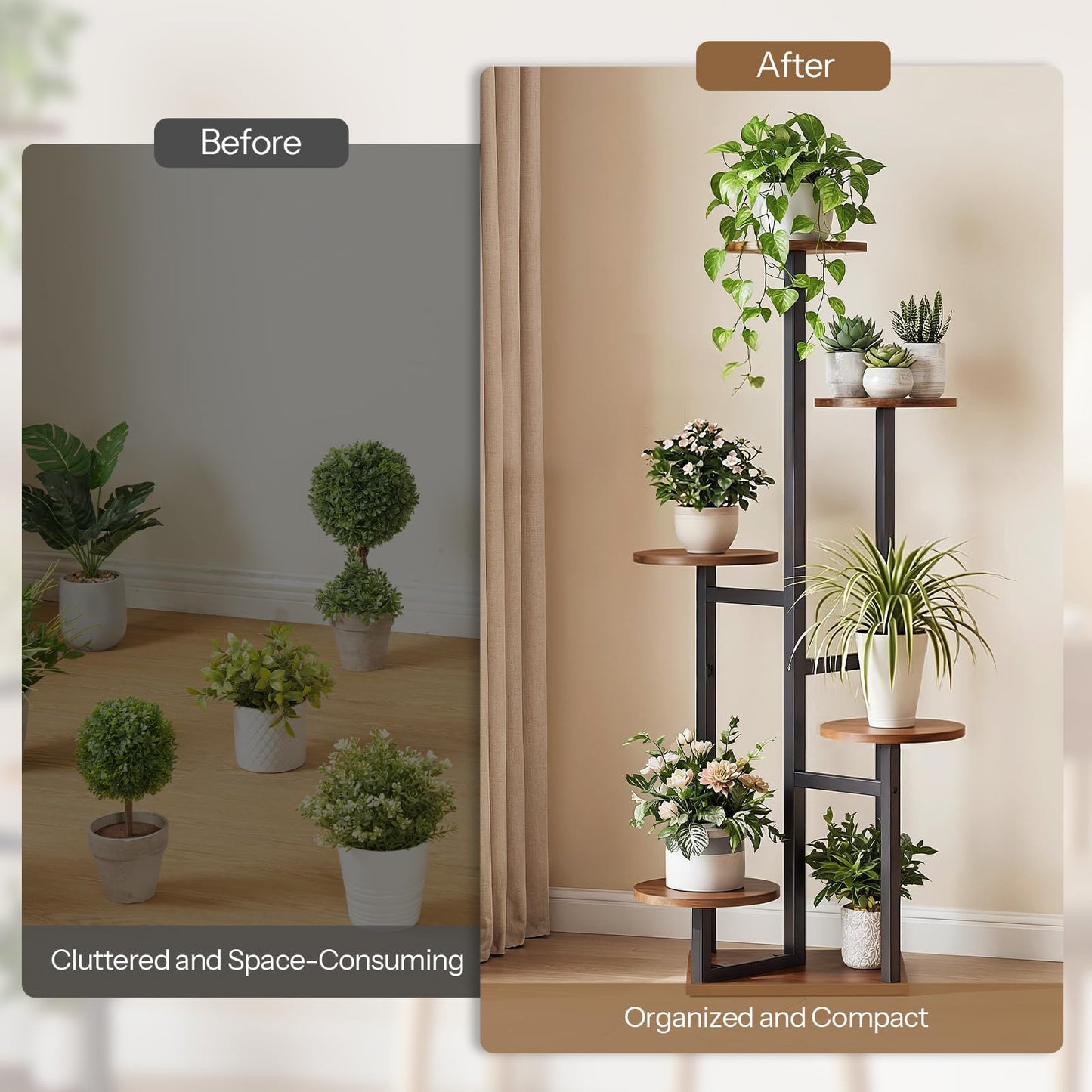 HOOBRO 5-Tier Corner Plant Stand Indoor, Round Vertical Plant Shelf for Small Spaces, Space Saving Flower Rack for Living Room, Balcony & Patio, Rustic Brown and Black BF05HJ01
