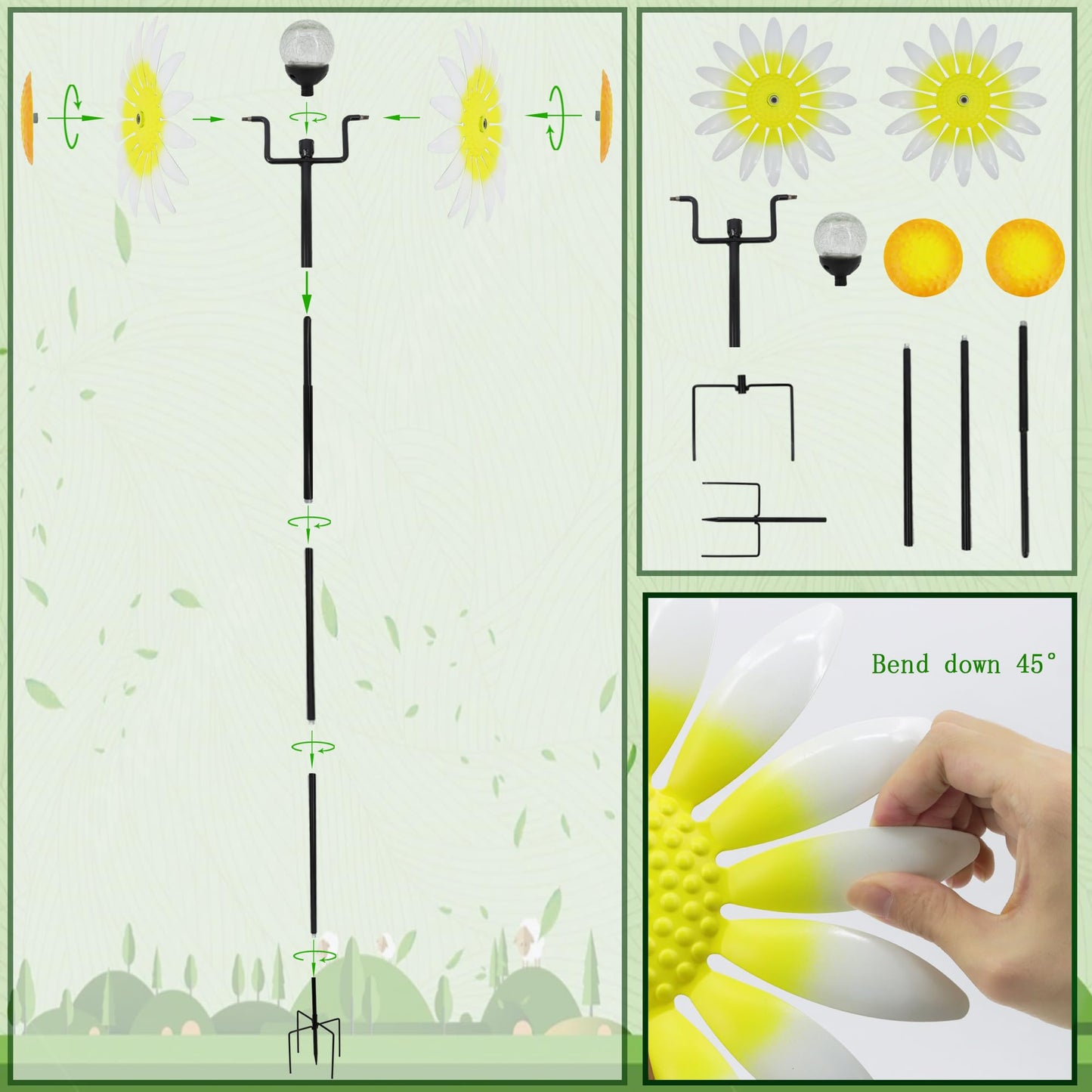 Decorative Metal Garden Daisy Wind Spinner, Decorative Garden Stakes, Daisy Wind sulpture for Yard Patio. Outdoor Yard Art. (White)