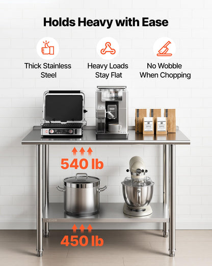 VEVOR Stainless Steel Work Table, 24x48 inch Food Prep Table with Wheels, Commercial Kitchen Workstation with Adjustable Undershelf, Metal Heavy Duty Utility Worktable, for Restaurant Home Outdoor