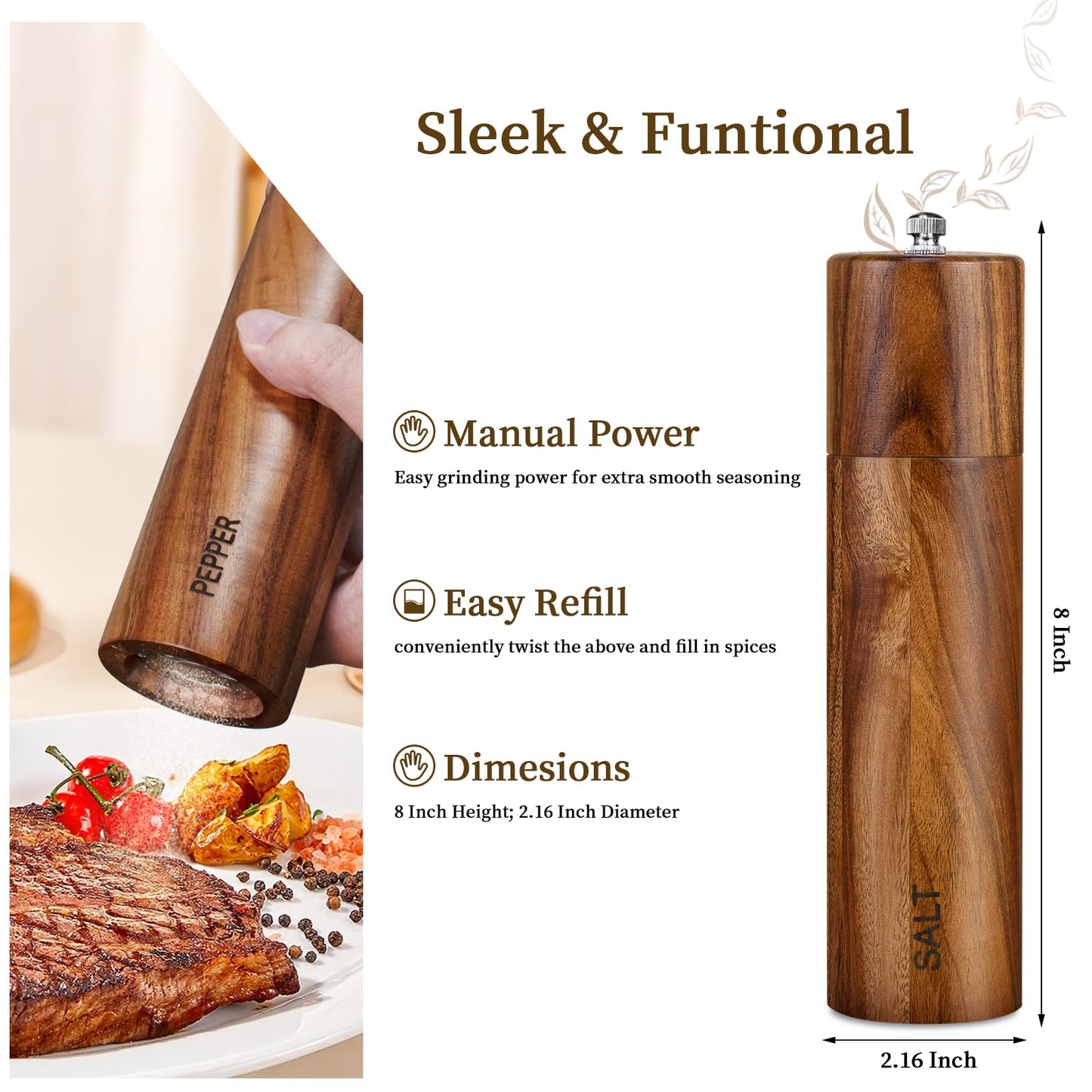 XWXO 2 Pack Acacia Wooden Salt and Pepper Grinder Set 8 Inches Refillable Salt and Pepper Mills Adjustable Coarseness, Acacia Wood with Ceramic Core Peppercorn Shaker Tableware Birthday Gifts