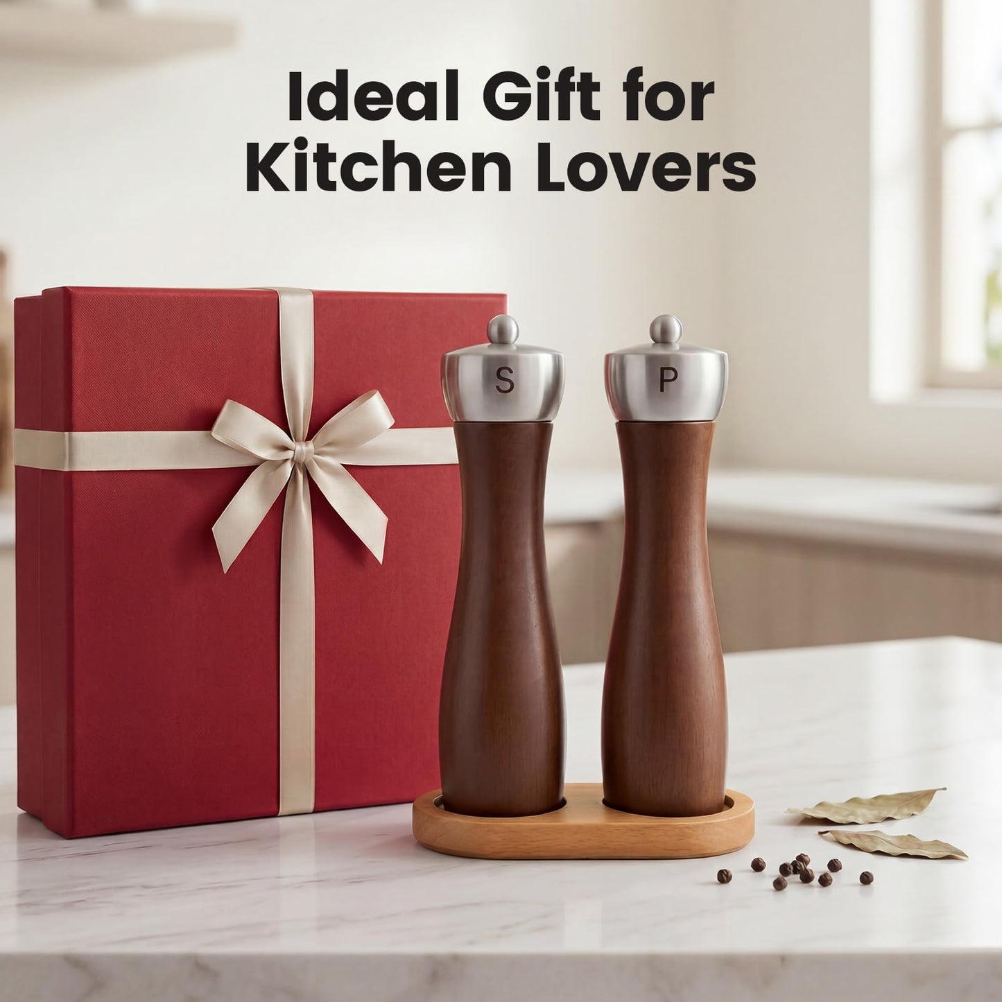 Newise Salt and Pepper Grinder Set, Manual Wooden Salt and Pepper Mills Shakers with Ceramic Core and Wooden Stand, Adjustable Coarseness, Refillable Salt Grinder for Home Kitchen