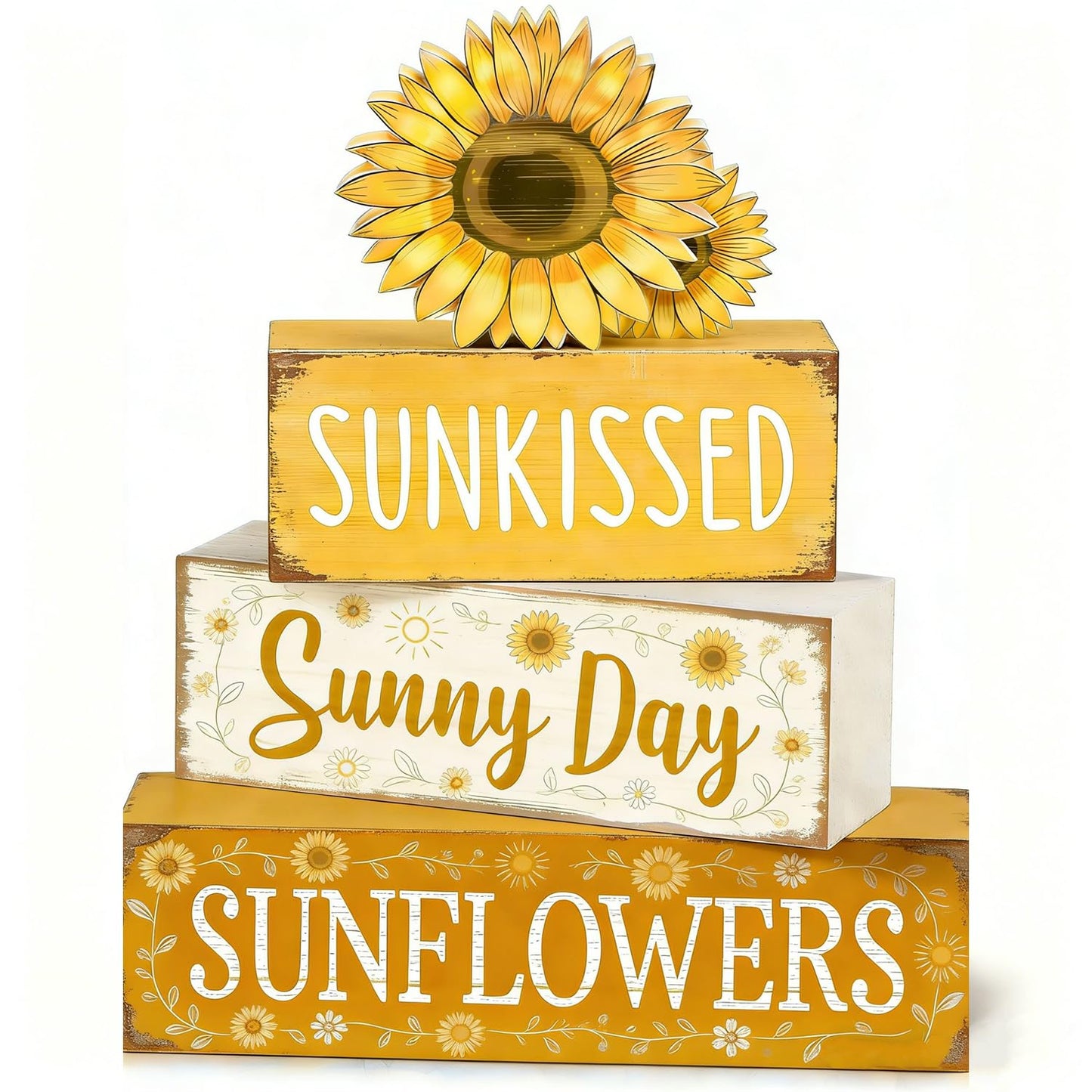 4 Pcs Sunflower Decor, Summer Rustic Farmhouse Tiered Tray Signs, Yellow Wooden Block Decorations with Sunkissed Sunny Day for Home Kitchen Office Coffee Bar Fireplace Mantel Floating Shelf