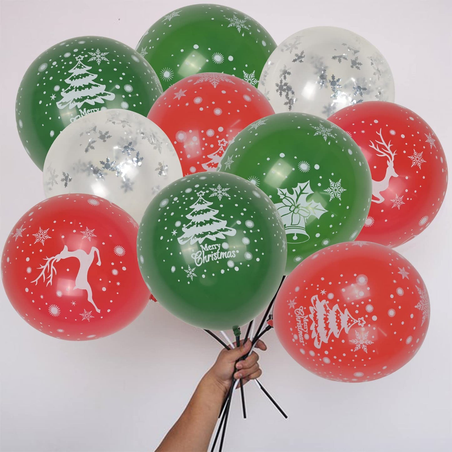 50pcs Red Green Latex Balloons with Christmas Bell Elk Tree Printing Snowflake Confetti for Christmas Party Decorations New Year Holiday Xmas Supplies
