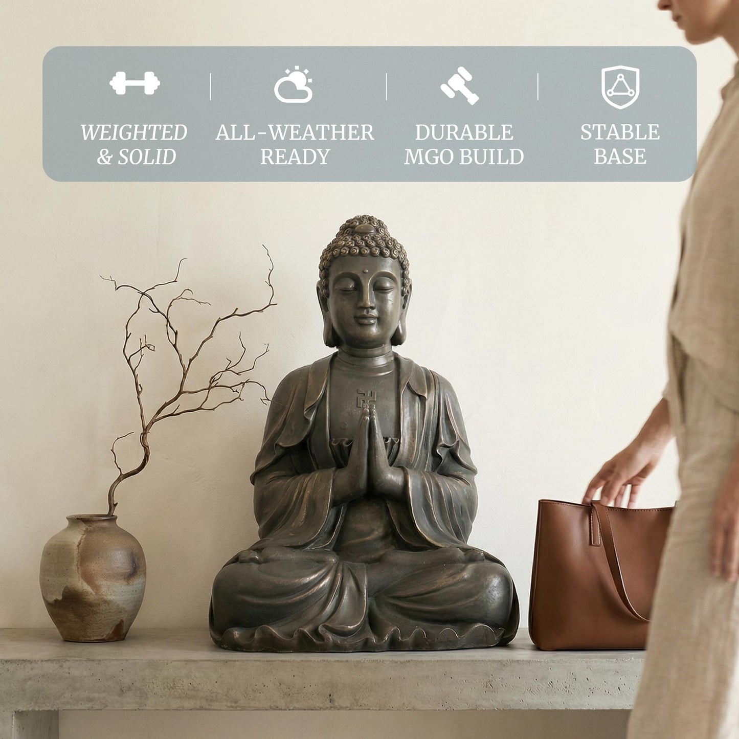 Greens Word Sculptures Buddha Statue, Garden Statues 23.6 Inch Tall, Large Magnesium Oxide Buddha Sculpture Indoor & Outdoor, Statue for Home Decor Yard Porch Patio, Dark Gray with Gold Accents