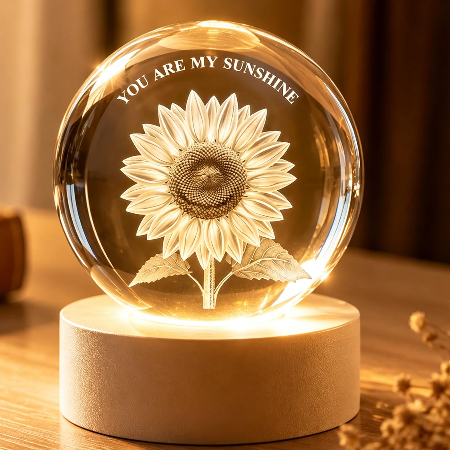 Sunflower Lamp Gifts, 60mm Crystal Ball with Wooden Base, Decorative Paperweight 3D Laser Engrave Home Decor, for Him Her Friendship Coworker Mom Girlfriend Sister Grandma Wife Her Birthday Gift