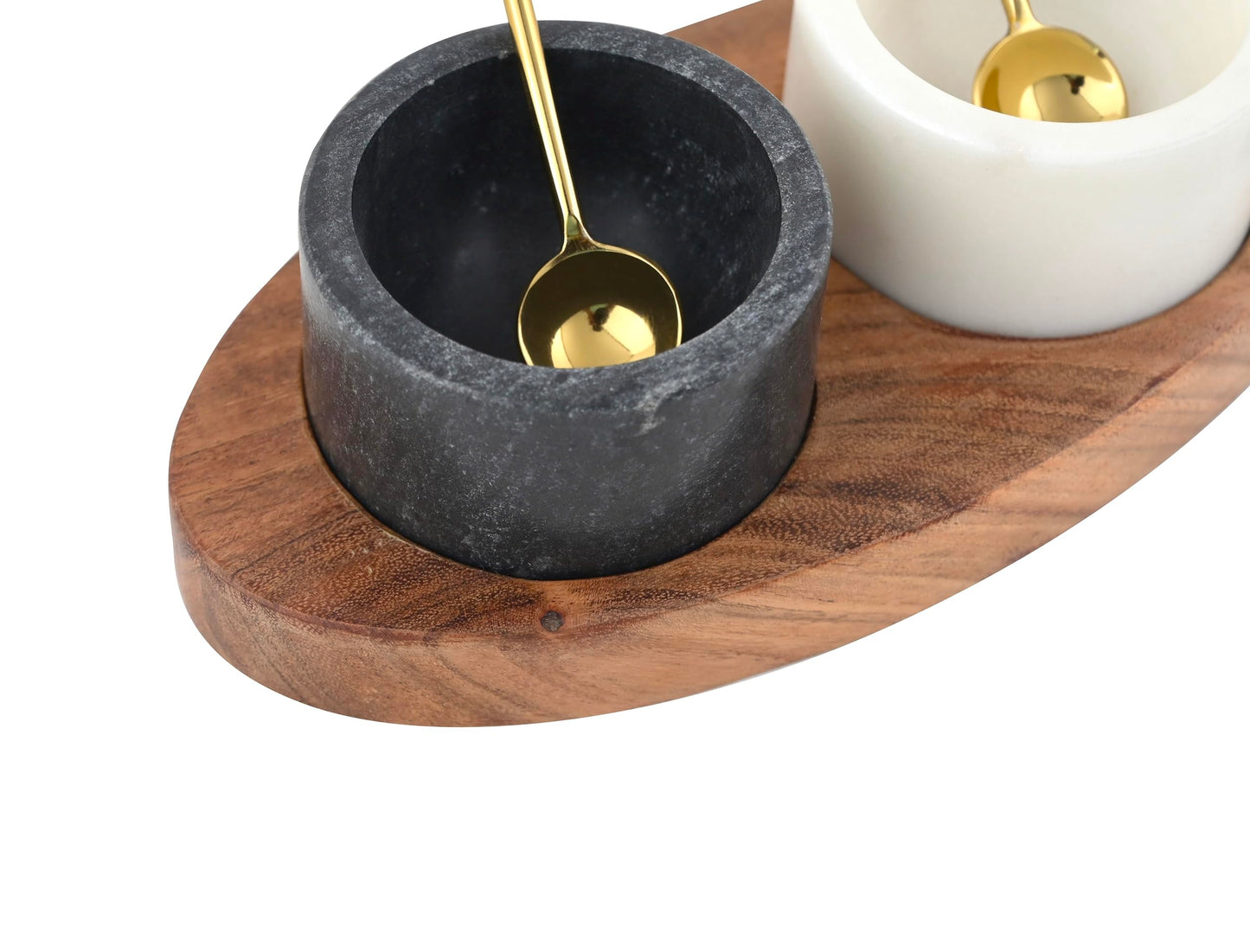 Cruiser’s Caché 2 Piece White and Black Marble Salt and Spice Cellar or Dipping Bowls with Wood Tray and Gold Spoons
