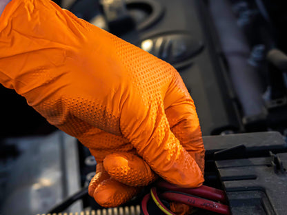 100 Heavy Duty Super Strong Orange Grip Nitrile Gloves PF 8.5 mil |Mechanical |Industrial| Engineering |Food| Cleaning| Plumbing |Gardening Gloves (Orange, LARGE)