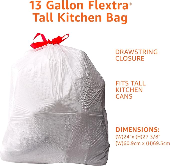 Amazon Basics Flextra Tall Kitchen Drawstring Trash Bags, 13 Gallon,