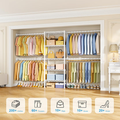 Ulif M2 Wall Mounted Closet System, Clothes Rack Mounted onto the Wall with 4 Expandable Hanger Rods and 5 Metal Shelves, Clothing Organizer Storage in (70.8-102.3)" L x 14.5" D x 71.2" H, White