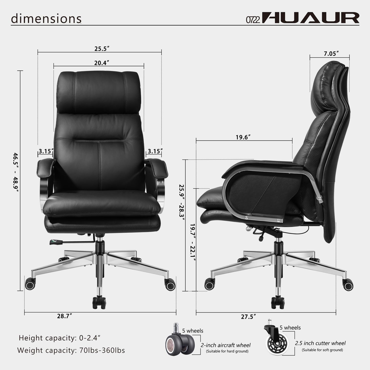 HUAUR Genuine Leather Modern Executive Chair High-Back Support 90 to 150 Degrees Tilt and Upholstered Home Desk Chair with Base 360LB Capacity Swivel Computer Office Chair (Black)