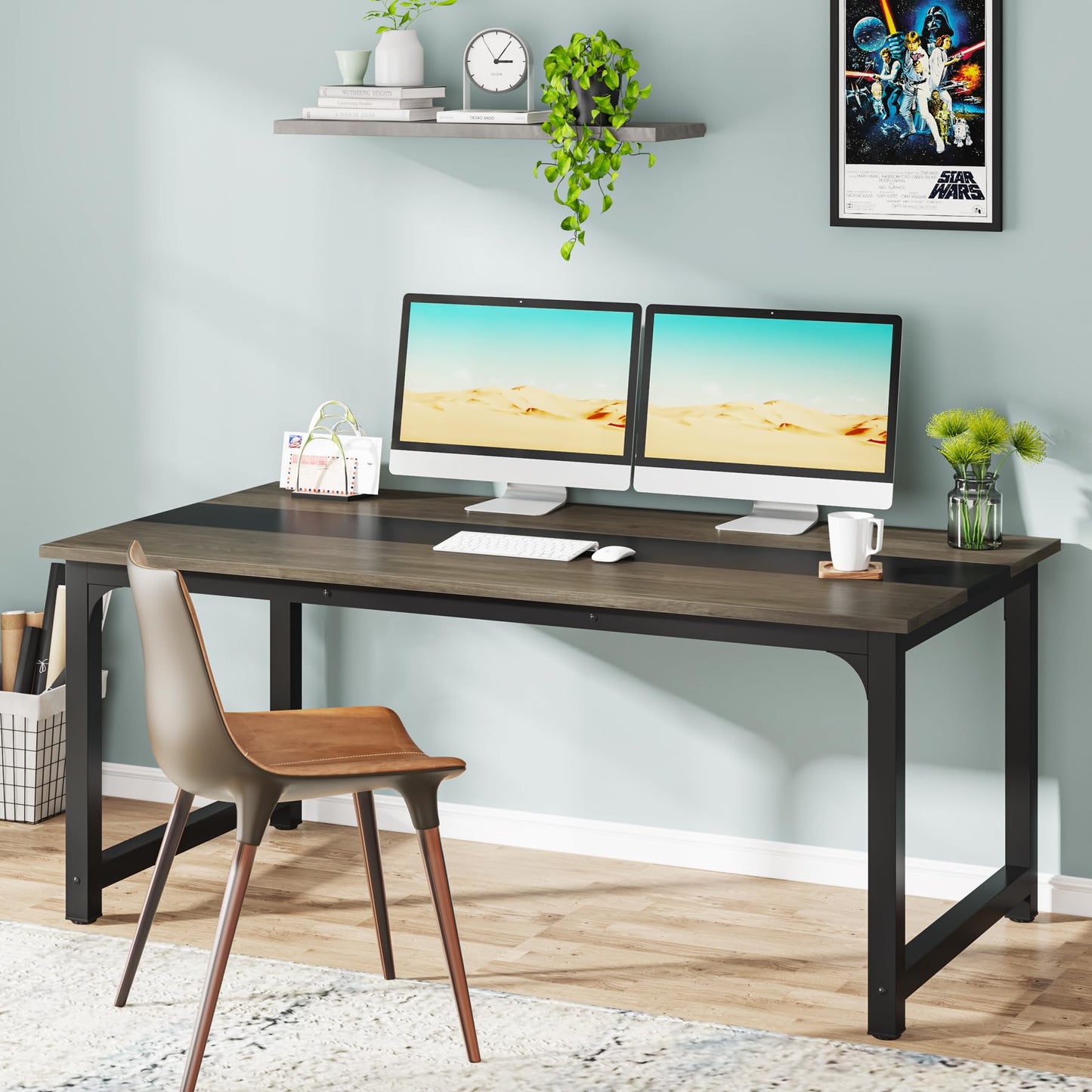 Tribesigns Modern Computer Desk, 63 x 31.5 inch Large Office Desk Computer Table Study Writing Desk Workstation for Home Office, Grey/Black