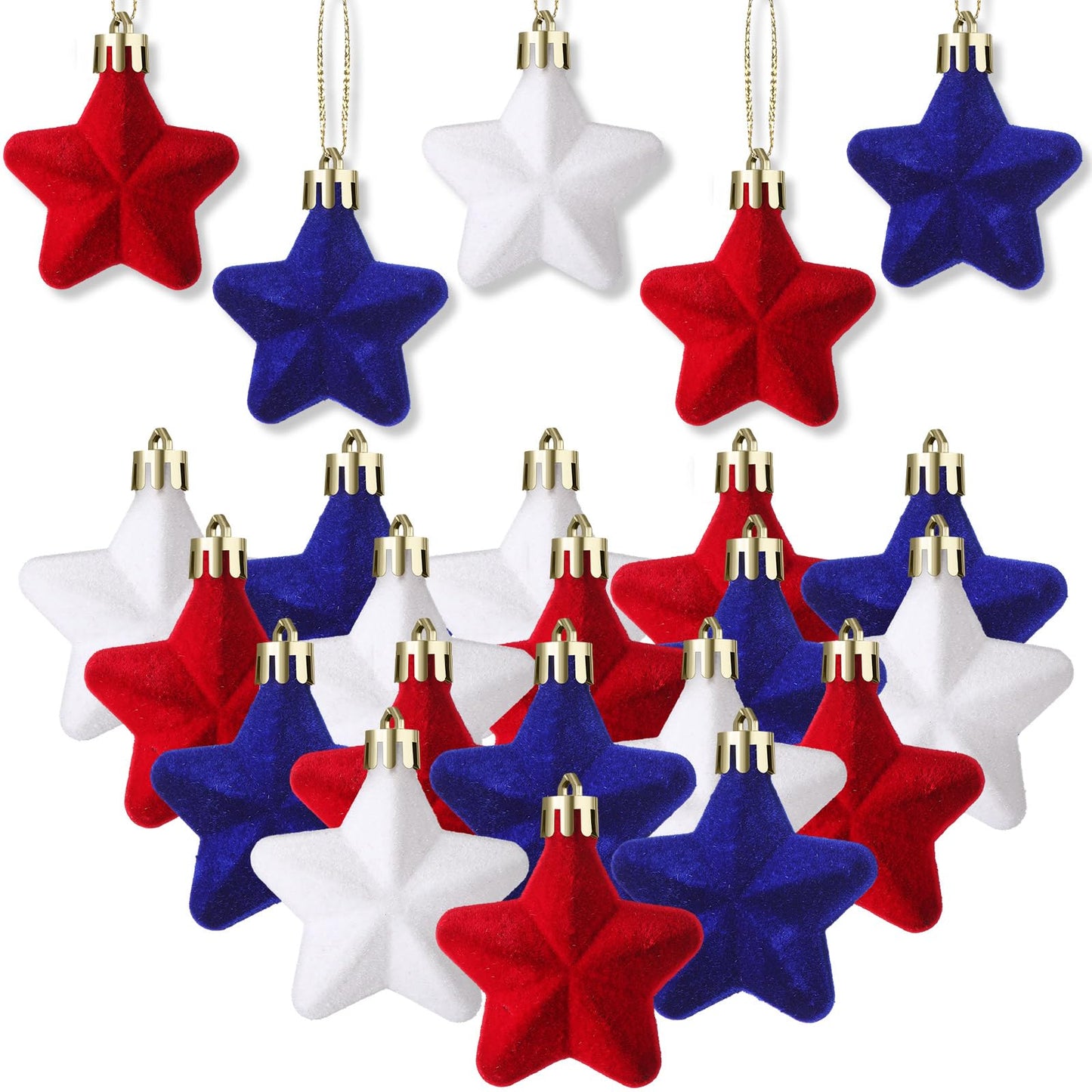 PullCrease 24 Pcs 4th of July Tree Decorations 1.97 Inch Red White Blue Star Ornaments Patriotic Hanging Star Shaped Ornaments for Independence Day 250th Anniversary Holiday Party Supplies