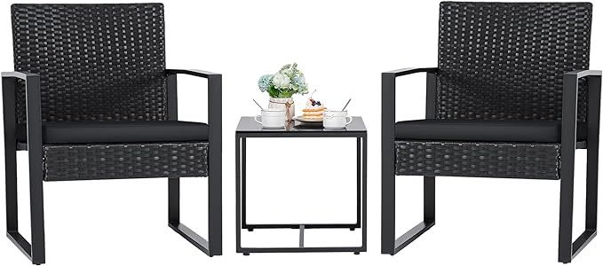 Flamaker 3 Pieces Outdoor Patio Wicker Furniture Set, Modern Rattan Chair Conversation Sets with Coffee Table for Yard and Bistro (Black)