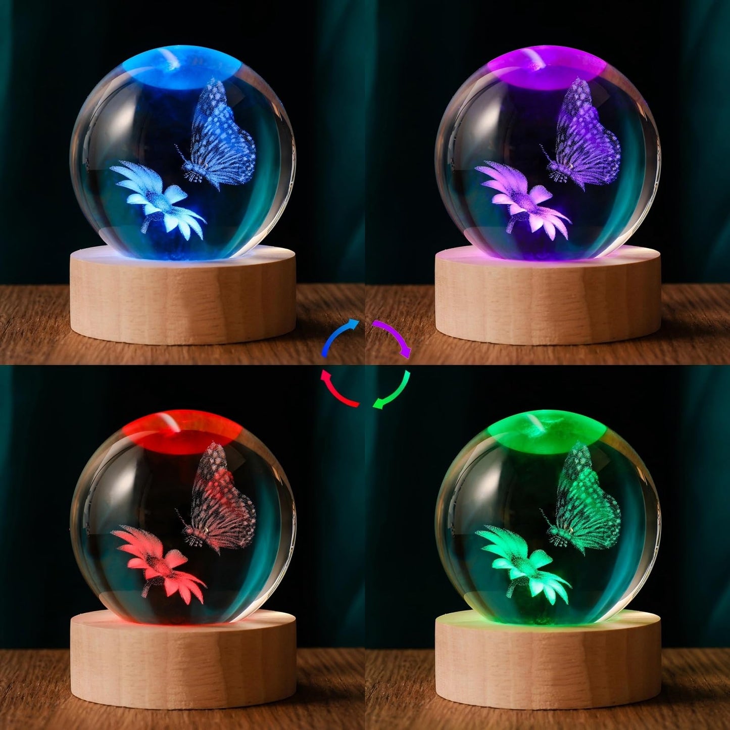 QIANRUNA 3D Butterfly 60mm Crystal Ball Butterfly Figurine Night Light Lamp Gifts for Women Wife Girlfriend Couple Her