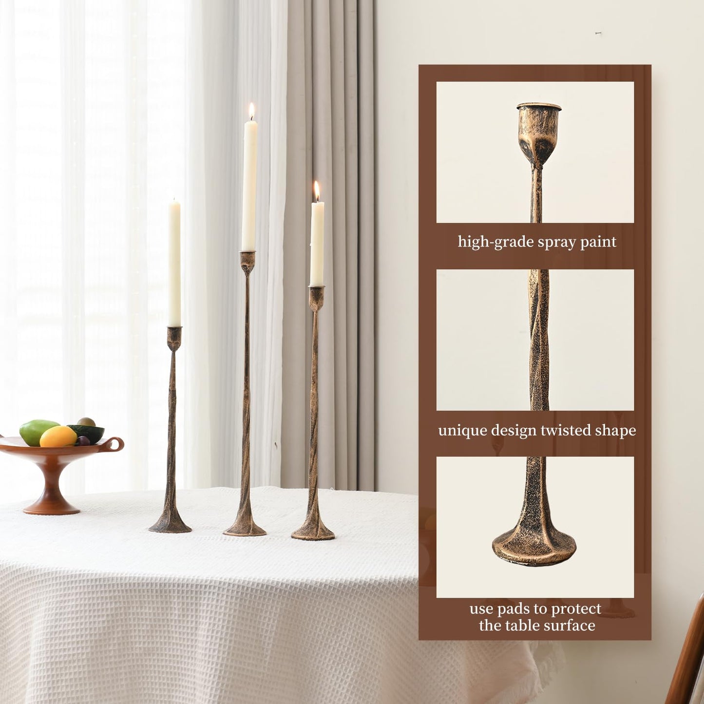 Set of 3 Candle Stick Holders, Iron Antique Gold Candlestick Holders, Fits 3/4 inch Thick Candles, Tapered Candle Holders Tall Set for Dining Table, Wedding, Home Decoration
