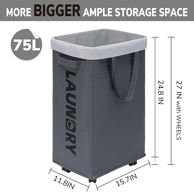 Goodpick Laundry Basket with Wheels, Laundry Hamper with Removable Wash Bag