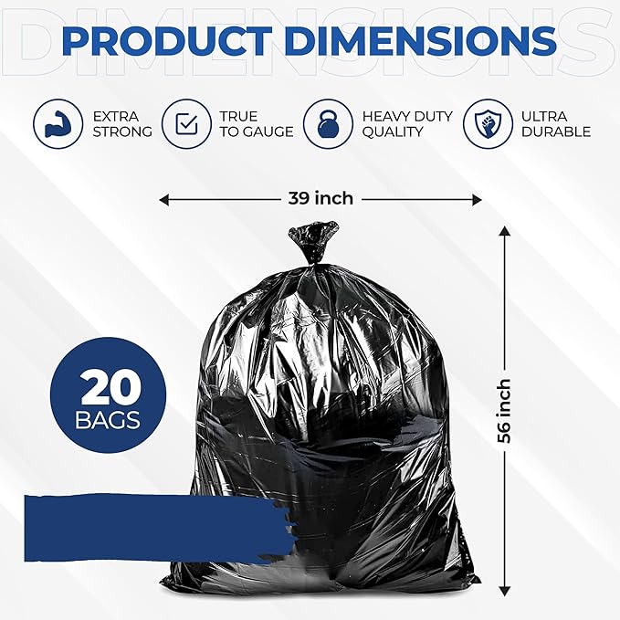55 Gallon Large Trash Bags 20 Black Contractor Garbage Bags | Heavy Duty Lawn