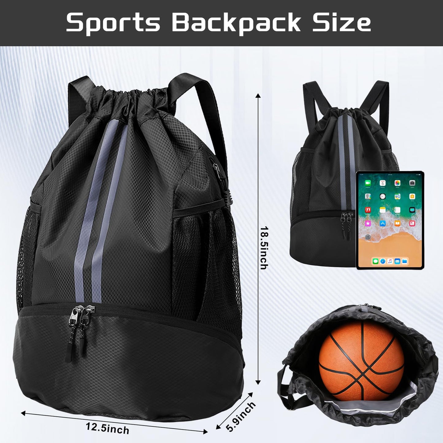 YEVOPOU Sports Drawstring Backpack with Shoes Compartment, String Gym Bag with Wet Proof Pocket for Basketball, Soccer, Swim, Black Sport Bag for Men and Women