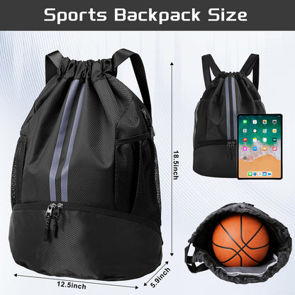 YEVOPOU Sports Drawstring Backpack with Shoes Compartment, String Gym Bag with Wet Proof Pocket for Basketball, Soccer, Swim, Black Sport Bag for Men and Women