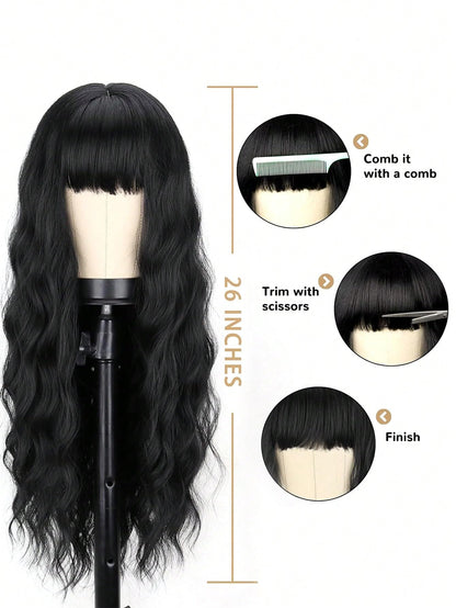 YEESHEDO Long Black Wigs for Women Natural Curly Wavy Synthetic Hair Wig with Fringe for Girls Cosplay Party or Everyday Wear