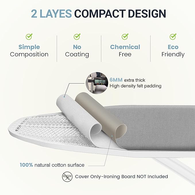 Ironing Board Cover and Pad 15"x54" Extra Thick Natural Cotton, Scorch and