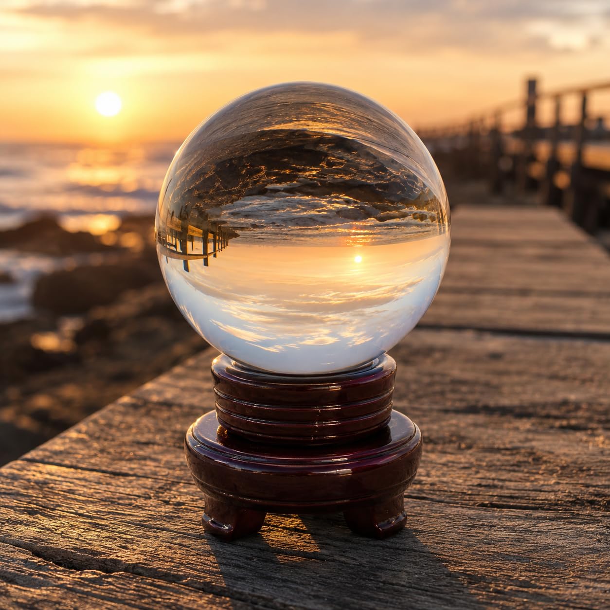 Clear Crystal Ball 120mm (4.72-inch) with Wooden Stand — Decorative Sphere