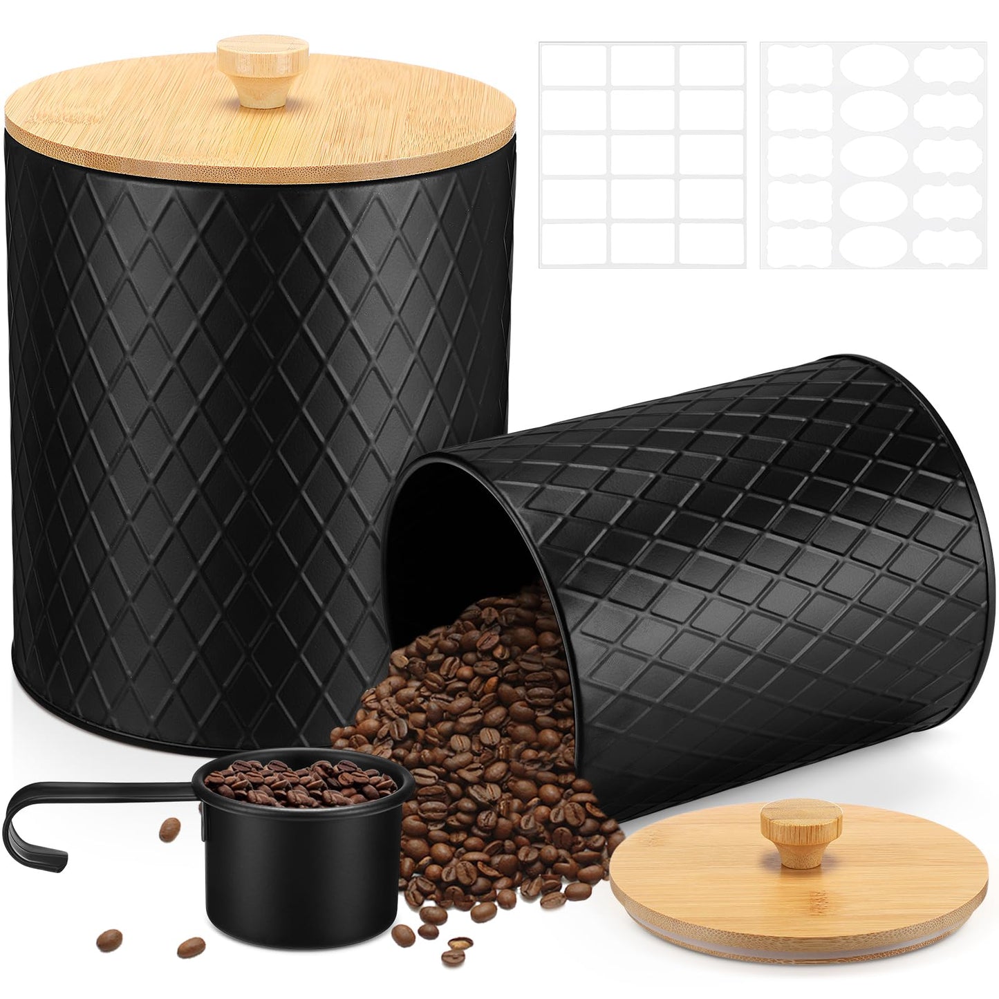 Reallnaive 2 Pcs Black Coffee Canister Set for Kitchen Countertop Bar Flour Sugar Tea Storage Container Farmhouse Metal Spice Jar with Airtight Bamboo Lid Spoon & Labels Housewarming Gift (2 Sizes)