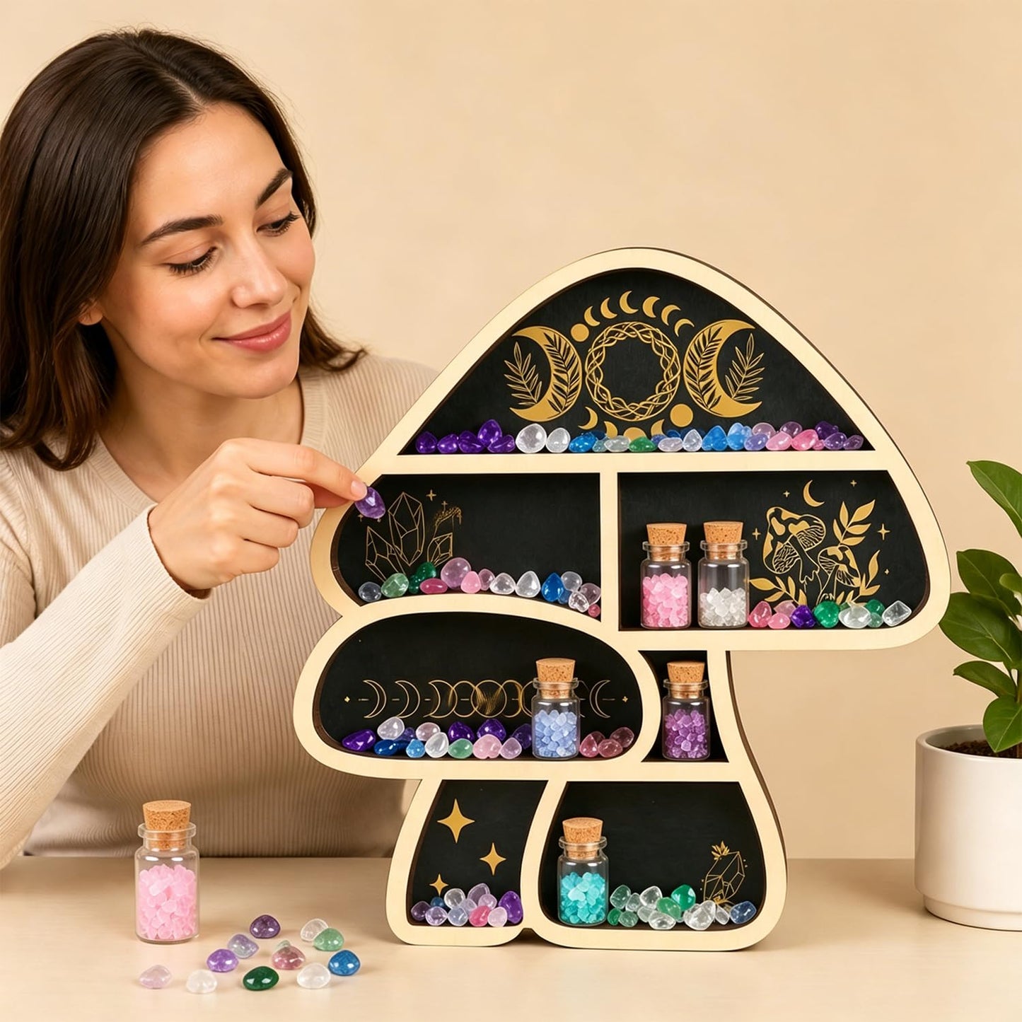 Zetosva Mushroom Gifts Floating Shelves, Crystal Display Shelf & Crystal Holder, Cute Mushroom Wall Decor and Mushroom Shelves, Trinket Shelf Rock Display Case, for Unique Home Decor