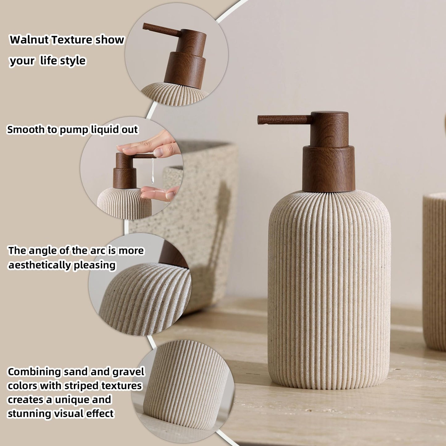 WUUAHOME Bathroom Accessories Set, 5 PCS Sandstone Look Stripe Modern Bath Organizer with Soap Dispenser, Toothbrush Holder, Tumbler, Soap Dish, Candle Holder for Countertop Kitchen Sink (Beige)