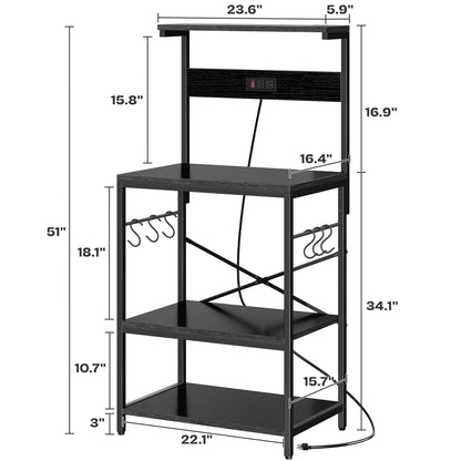 SUPERJARE Kitchen Bakers Rack with Power Outlet, Coffee Bar Table 4 Tiers, Kitchen Microwave Stand with 6 S-shaped Hooks, Storage Shelf Rack for Spices, Pots and Pans - Rustic Brown